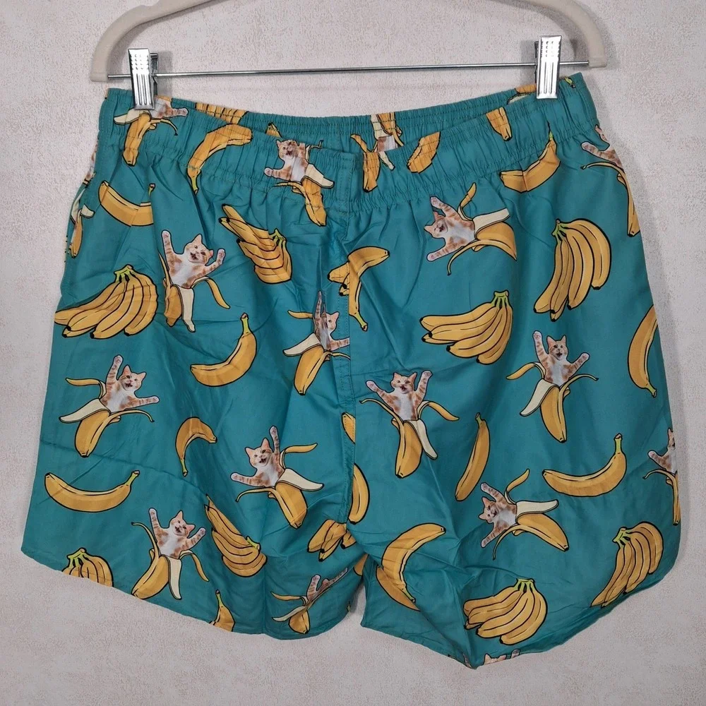 ZenGents‎ Swim Trunks Mens Large Green Banana Cat Print Mesh Liner Shorts